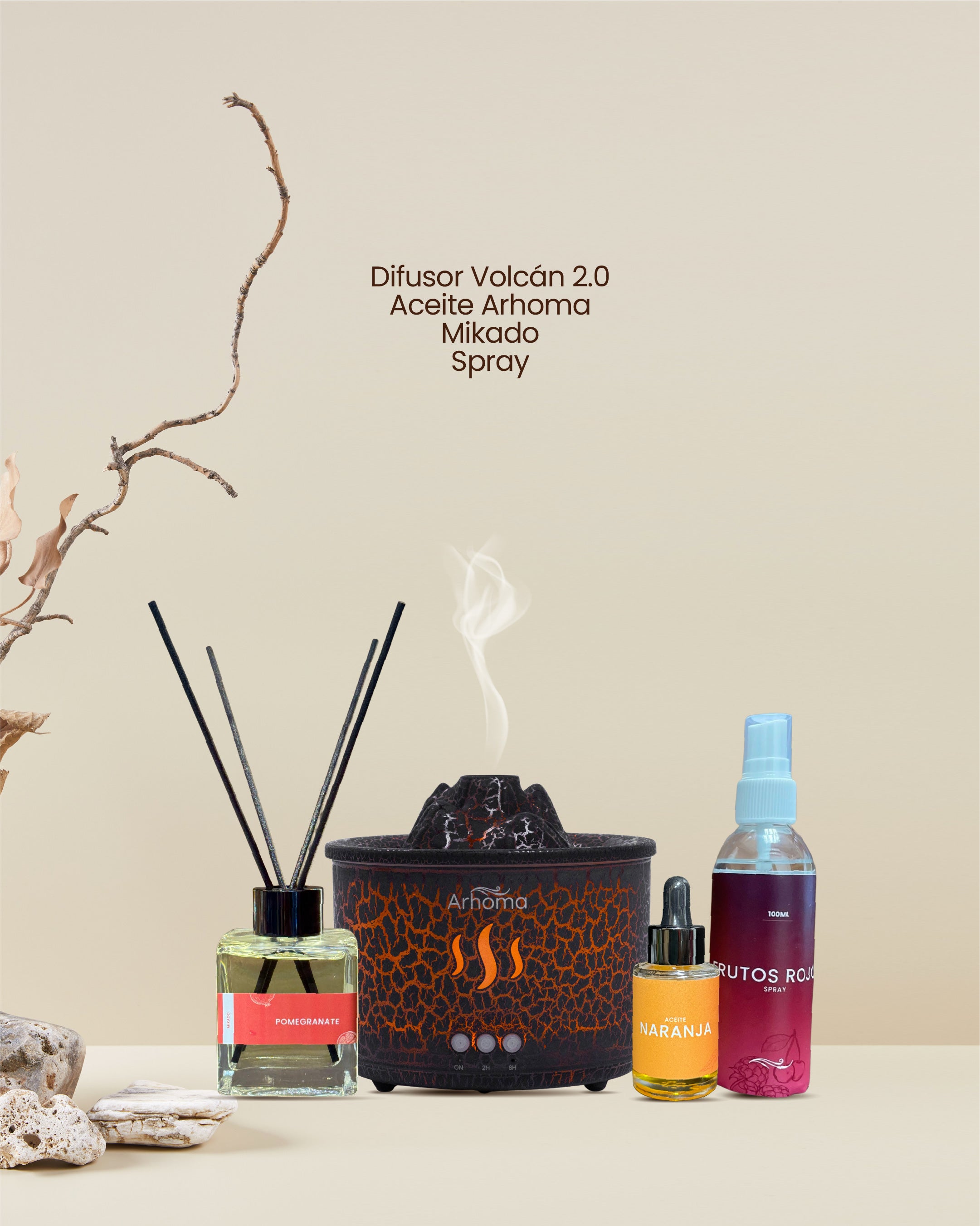 Difusor Volcan + Aceite + Mikado + Spray